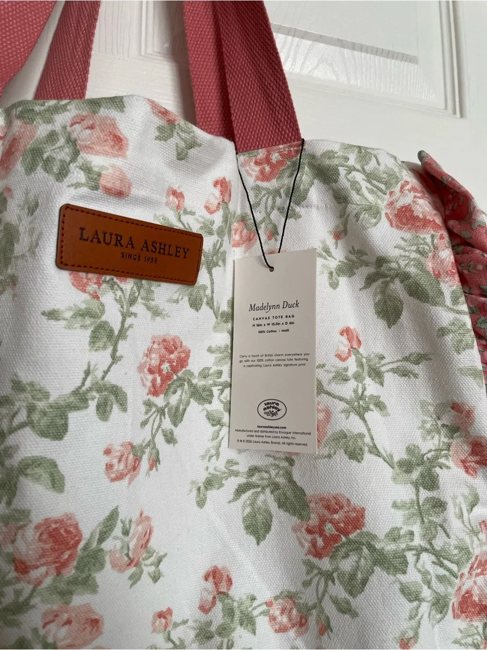 NWT Laura Ashley Madelynn Duck Floral Canvas Ruffle Tote Bag - Pink/Green